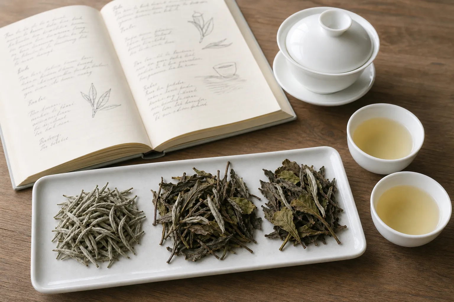 Open white tea tasting notes beside Silver Needle buds, White Peony leaves, a gaiwan, and pale tea liquor for comparison