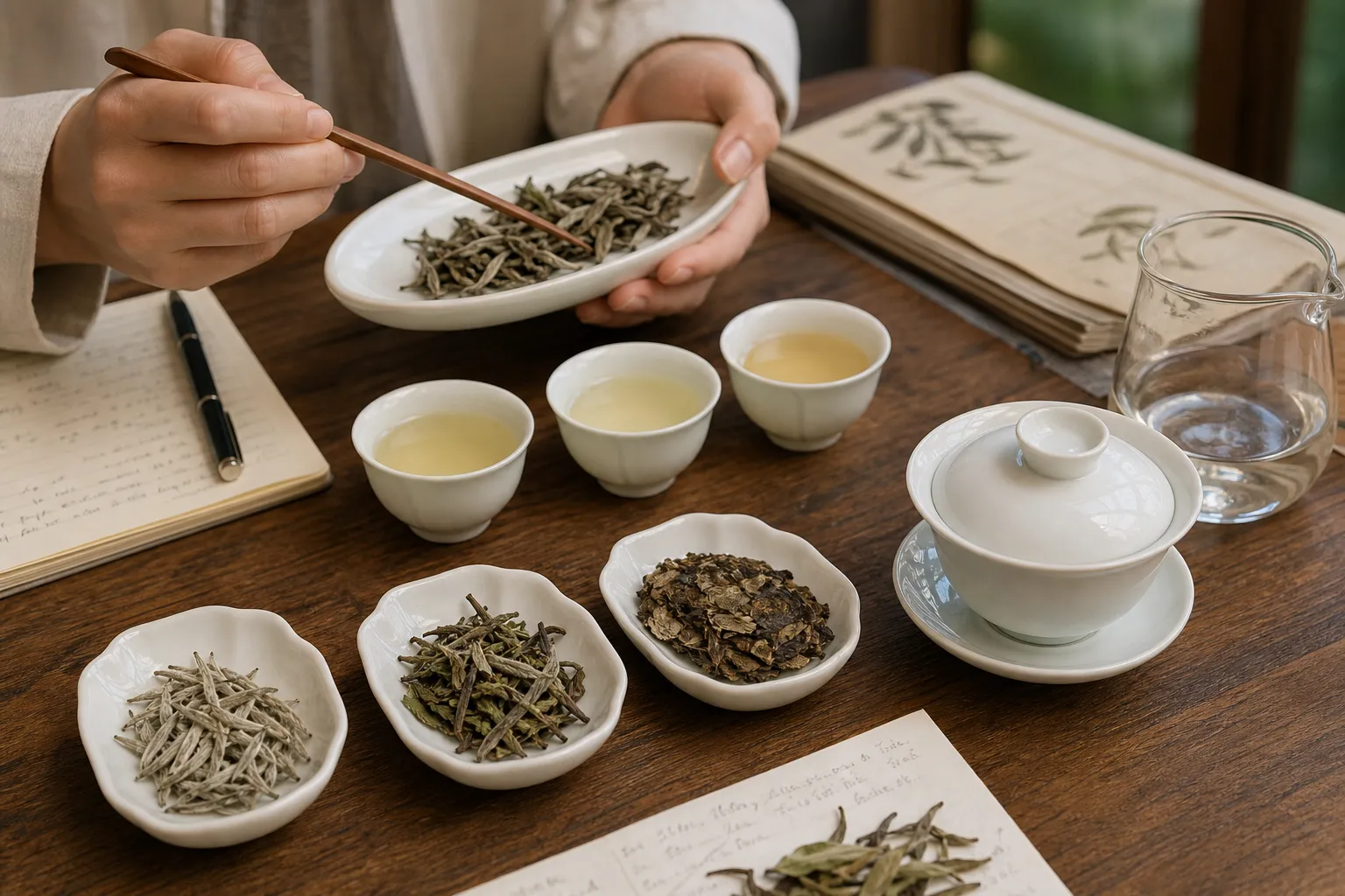 White tea samples, a gaiwan, and tasting cups arranged for practical comparison