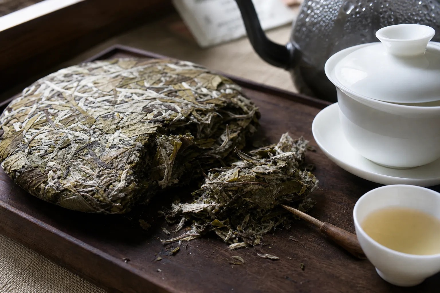 Loosened compressed white tea cake pieces beside a gaiwan before brewing adjustments
