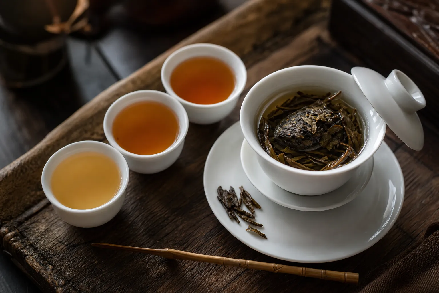 Compressed white tea cake piece opening across infusions beside cups of changing liquor color