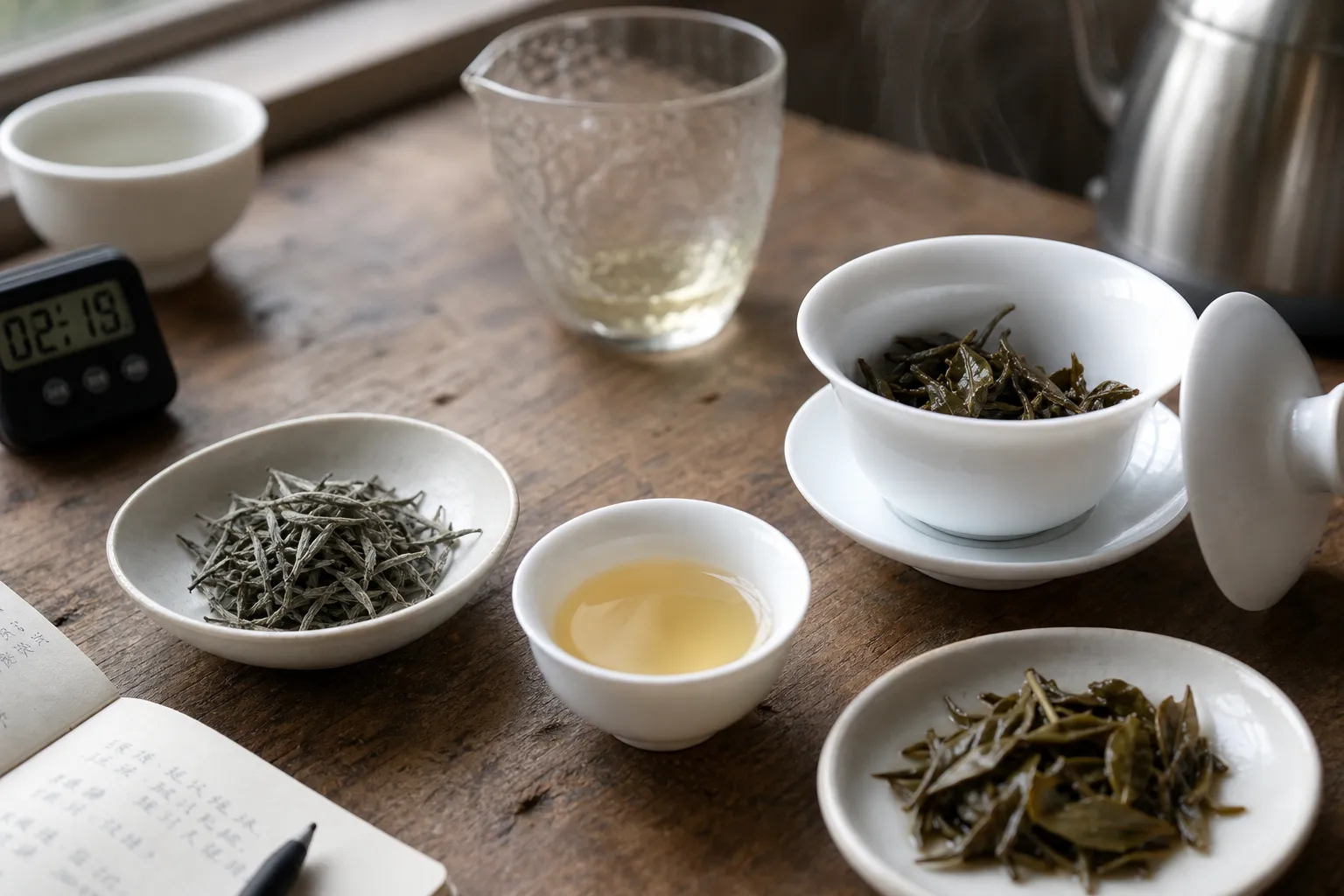 White tea tasting setup with pale liquor, dry leaves, and wet leaves used to judge aroma, color, body, and finish