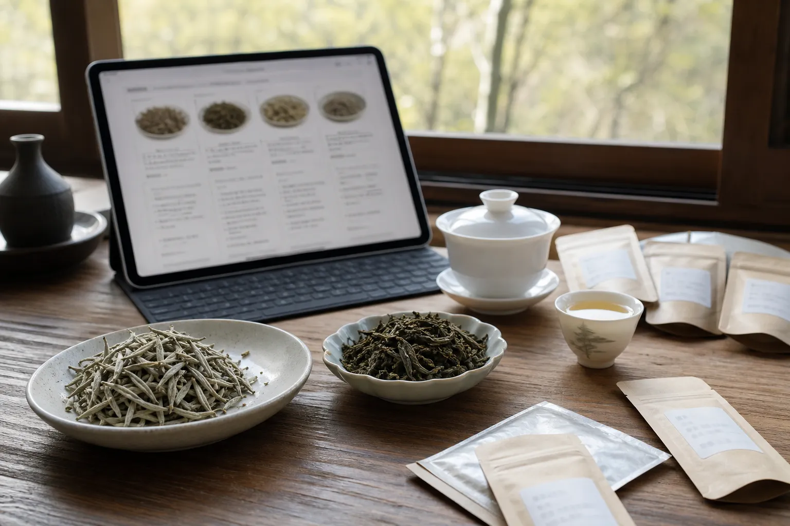 White tea samples and brewing tools arranged beside an open product comparison page with no visible prices or brand names