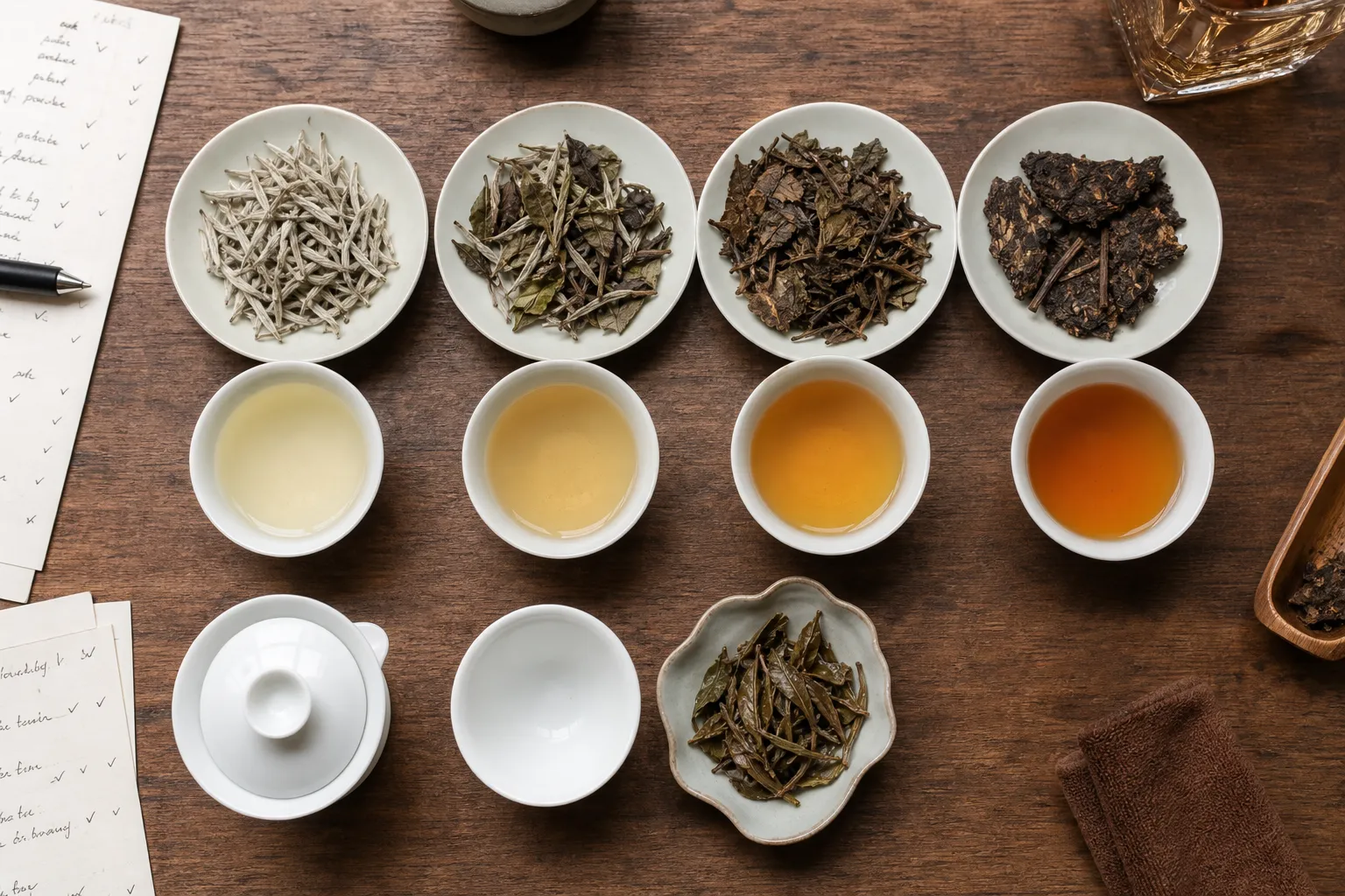 White tea samples with different leaf families, color distribution, and brewed liquor used for cautious comparison