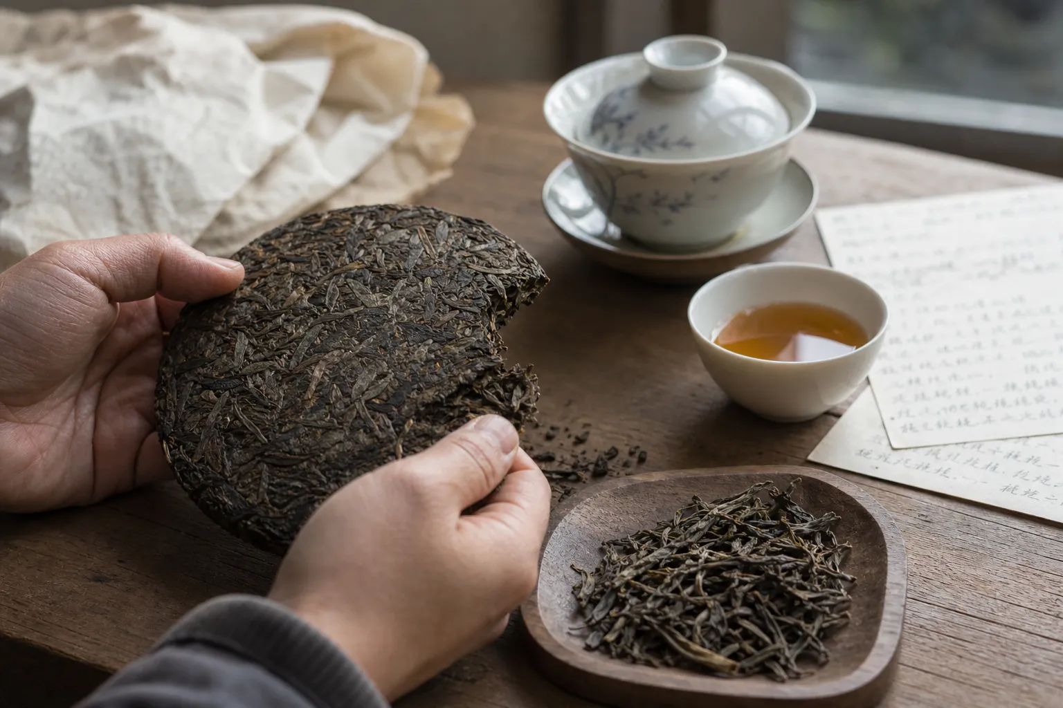 Aged white tea dry leaves compared with wrapper notes and a tasting cup for age-claim checking