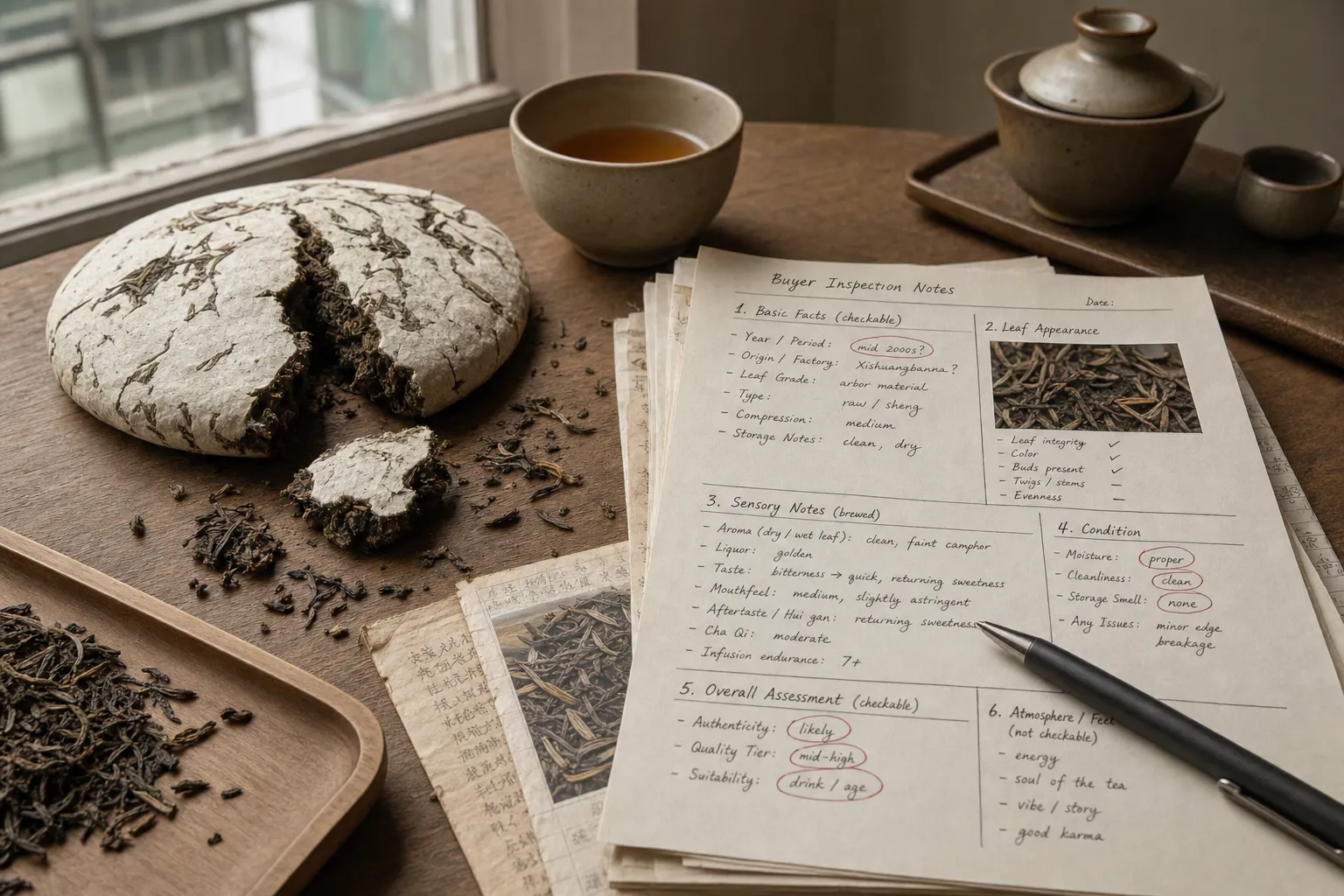 Aged white tea listing materials arranged to compare harvest year, tea grade, storage notes, photos, and sensory wording