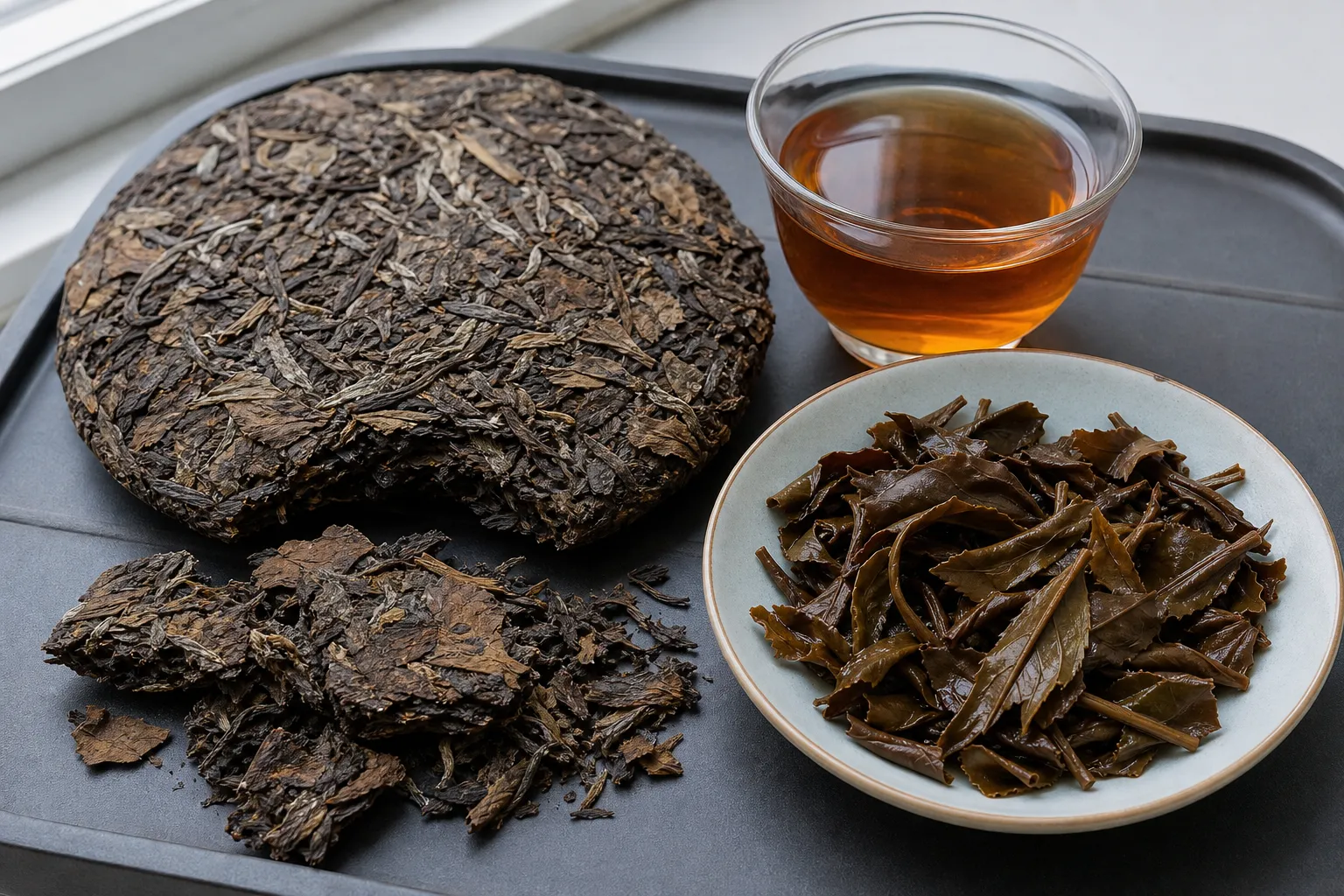 A Shou Mei cake edge, loose pieces, liquor color, and infused leaves shown together for checking an aged white tea listing