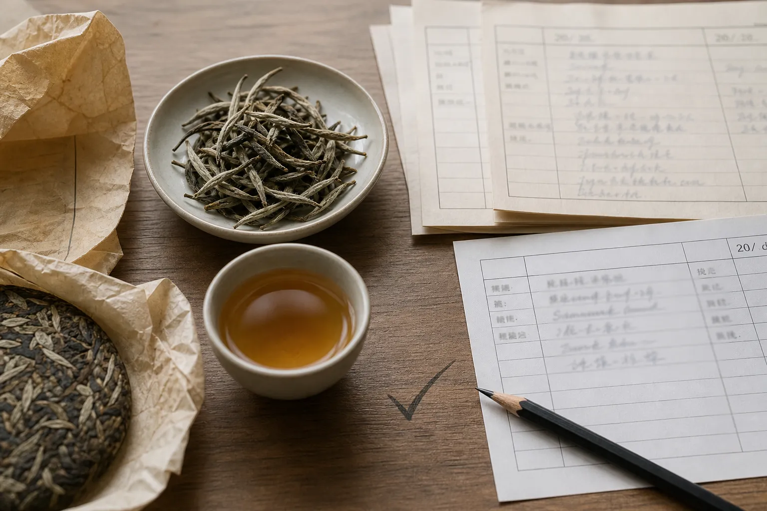 Aged white tea sample beside packaging records and brewed liquor for checking storage evidence