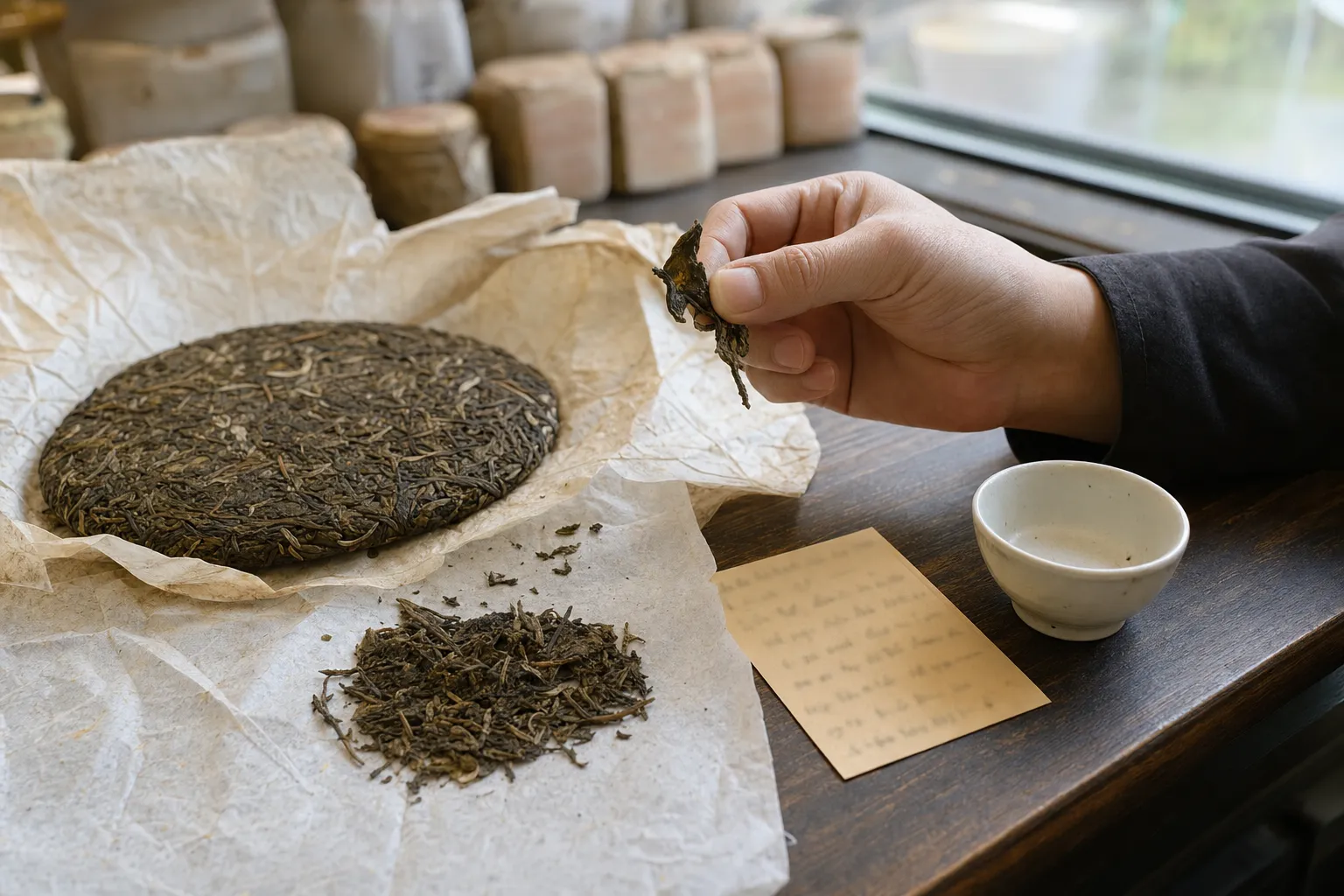 Aged white tea cake with wrapper, sample leaves, and storage notes ready for buyer questions