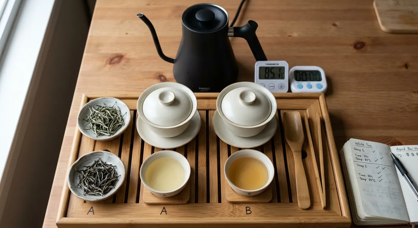 Controlled white tea comparison with equal leaf weight, water volume, and matching cups
