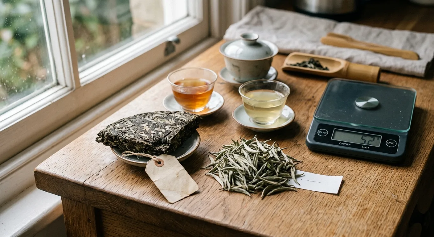 Aged white tea cake and fresh loose white tea compared beside measured brewing cups
