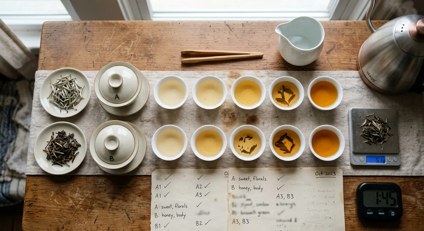 Side-by-side tasting setup for comparing fresh and aged white tea across several infusions