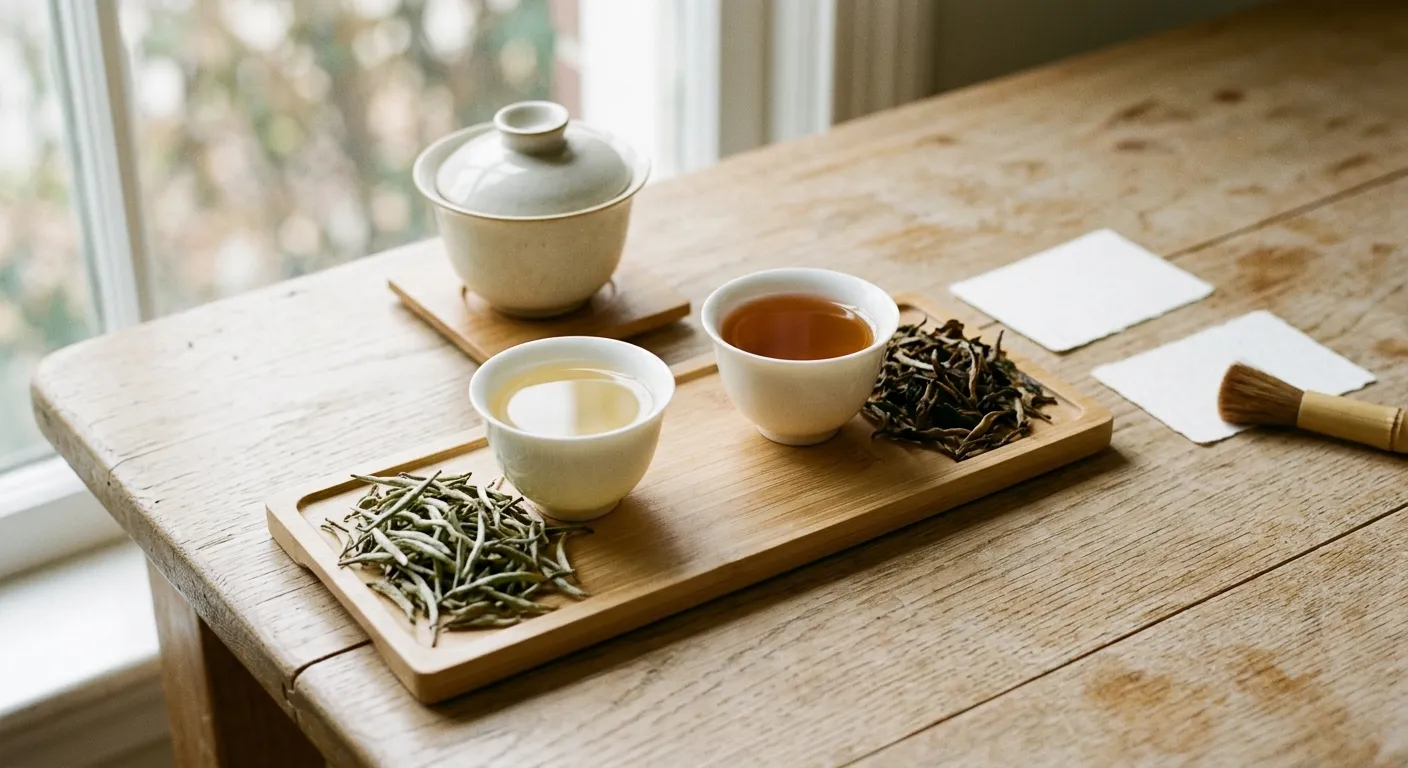 Fresh white tea and aged white tea samples compared by leaf color and infusion tone