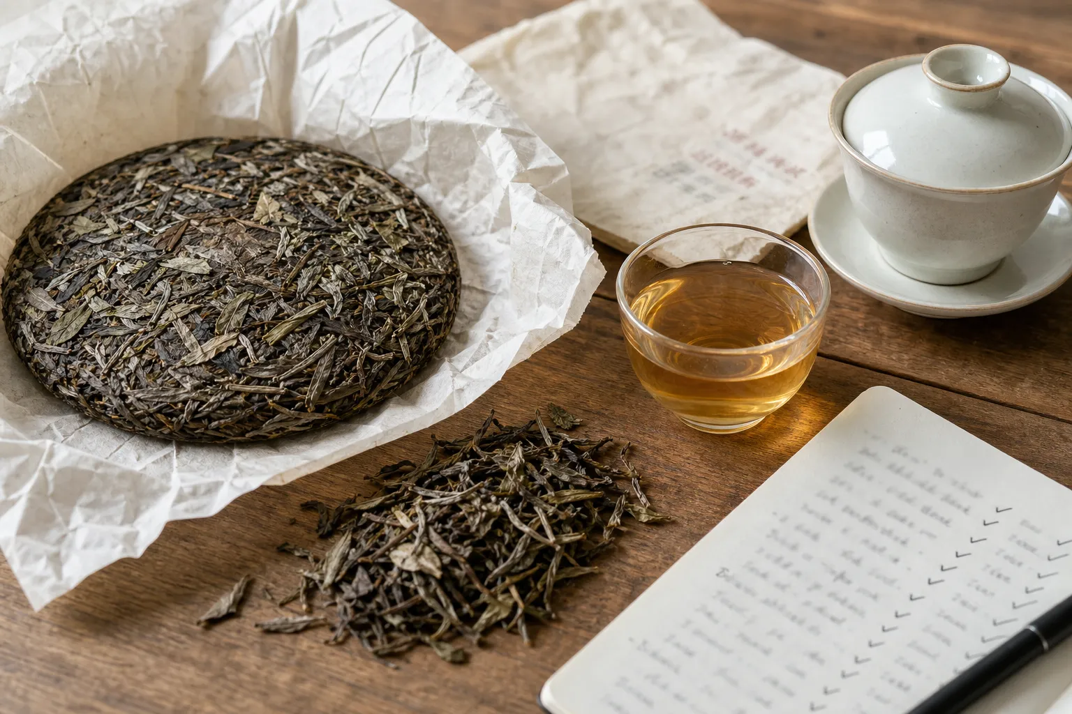 Aged white tea cake, loose leaves, wrapper, and brewed liquor checked together