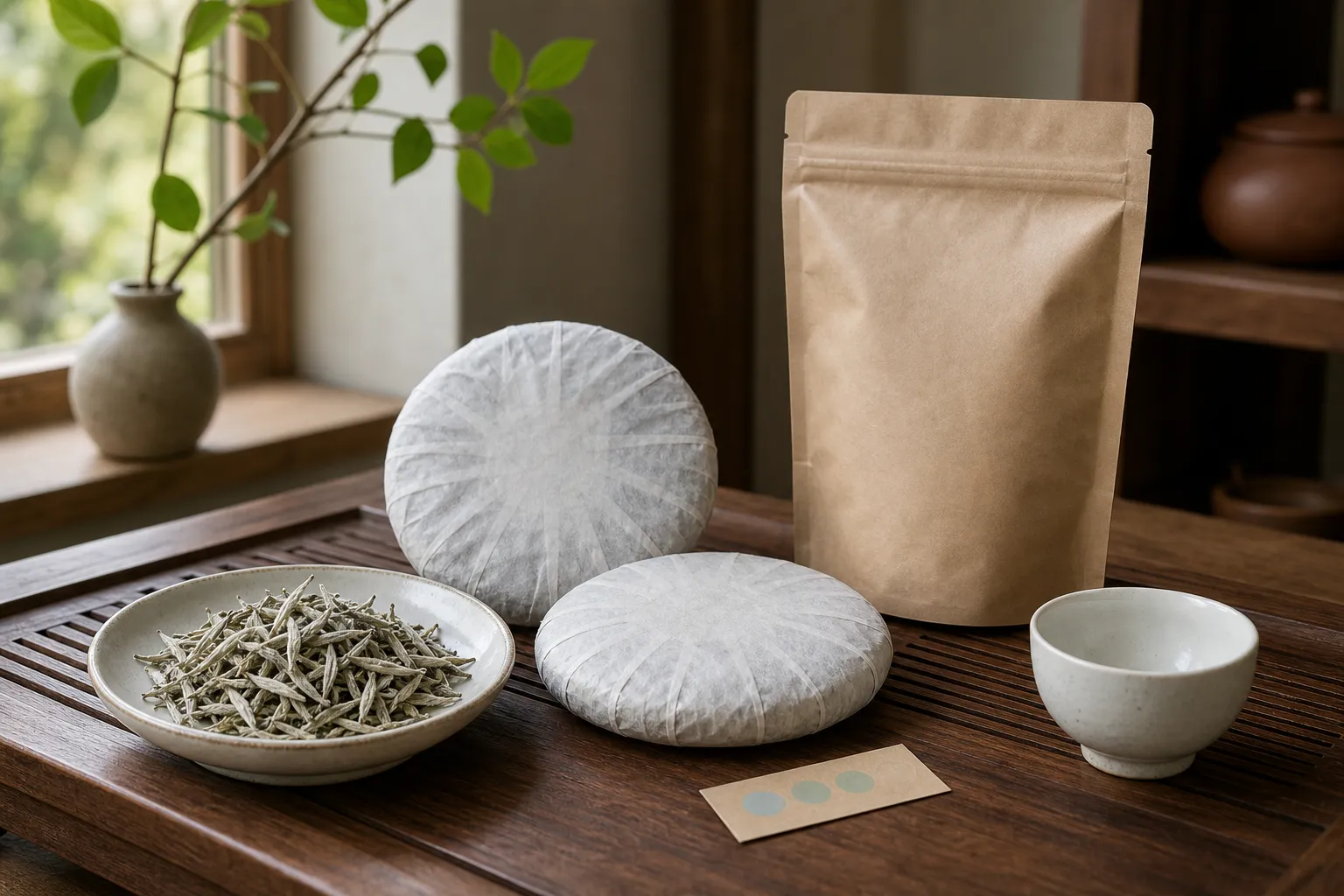 Loose white tea and wrapped white tea cakes arranged for storage evaluation