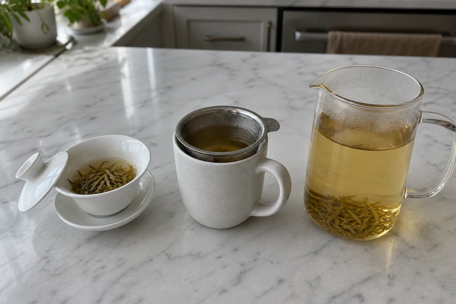 Small gaiwan, mug infuser, and larger brewing vessel shown as different white tea serving choices