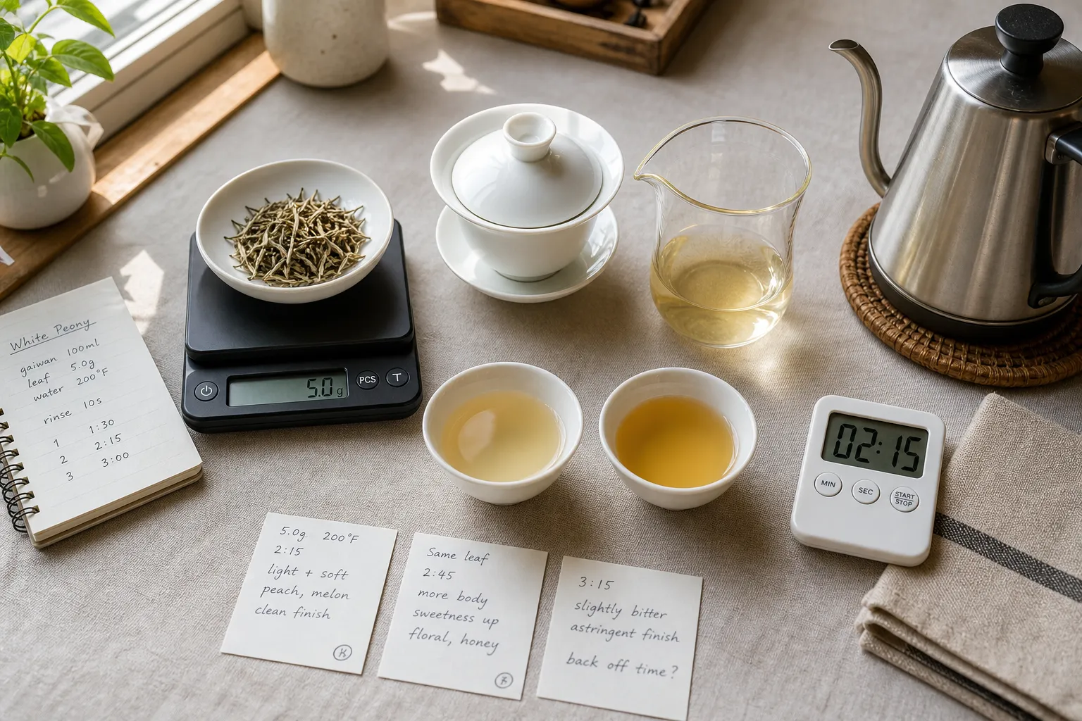 White tea leaves, a small brewing vessel, cups, and simple tasting notes arranged to show leaf amount, water heat, steeping time, vessel size, and taste feedback.