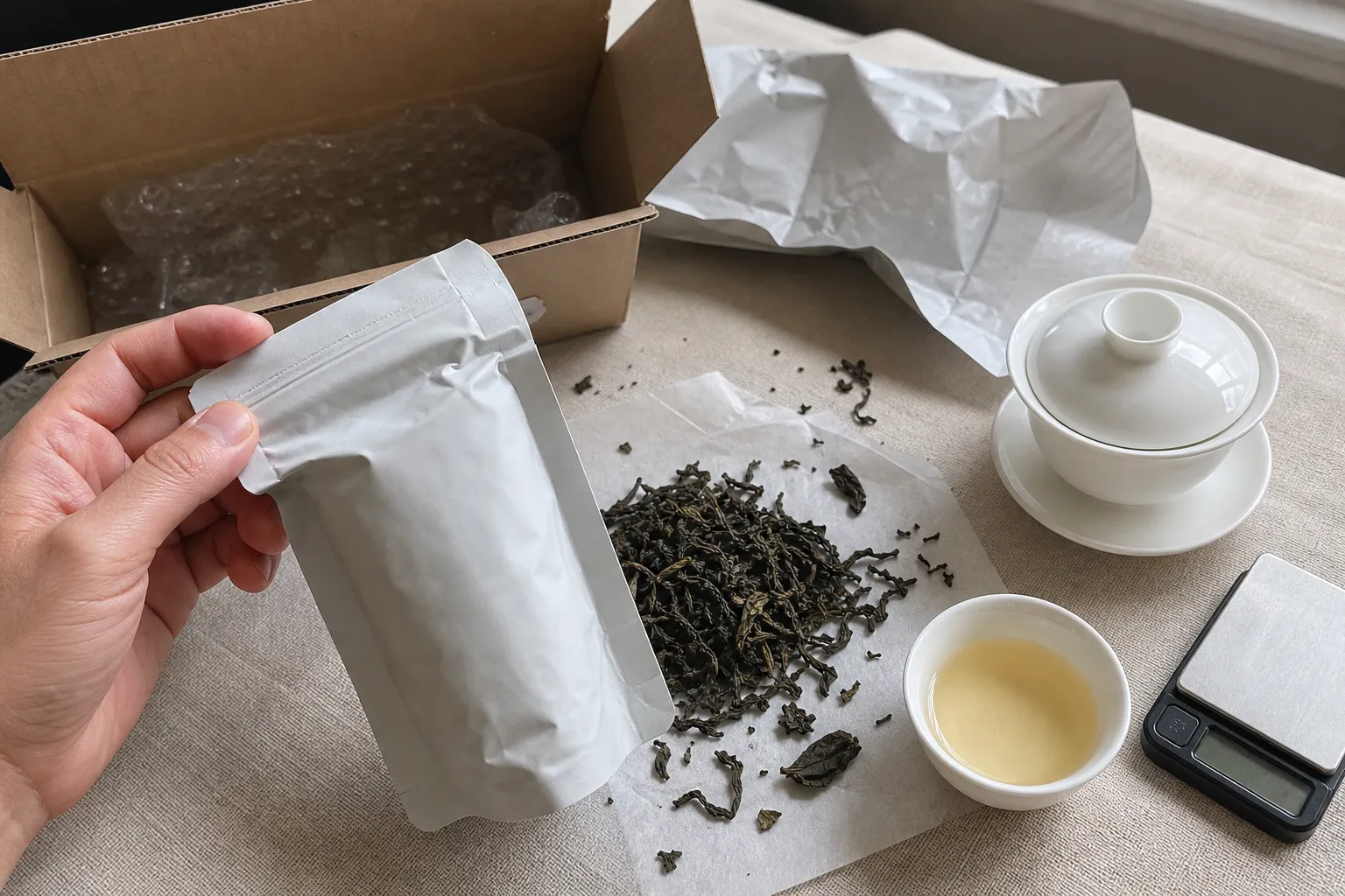 Opened white tea package with dry leaves, wrapper, and a small brewing setup for checking aroma, condition, and first steep