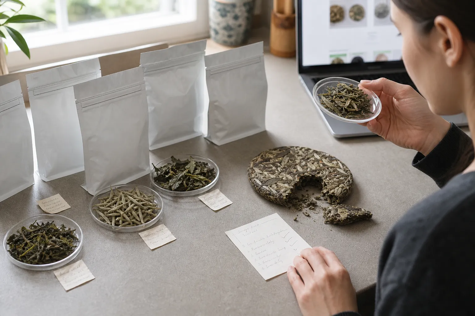 White tea samples and listing notes arranged for comparing type, harvest year, photos, packaging, and seller details