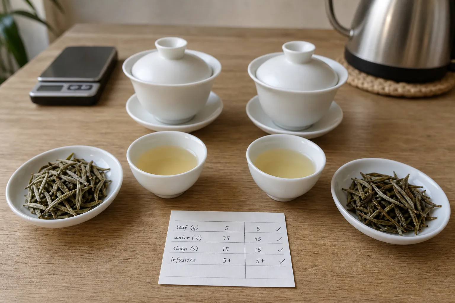 Two white tea samples brewed side by side in matching cups to compare leaf behavior rather than origin alone