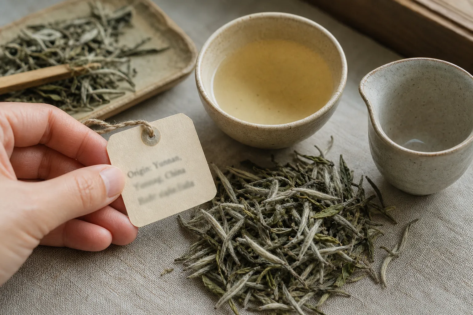 Non-Chinese white tea label beside pale buds and a brewed cup for checking origin against visible leaf evidence