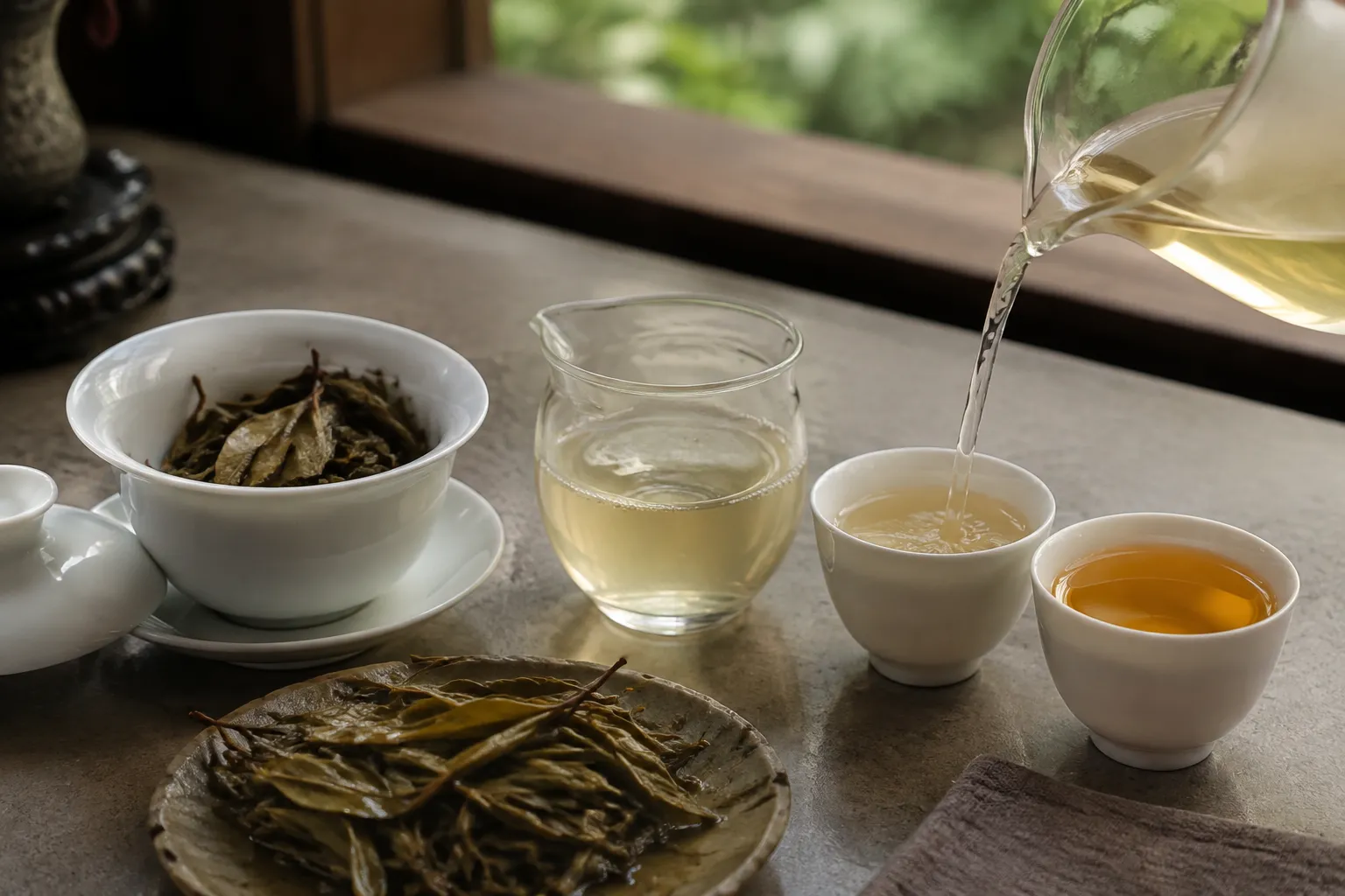 A lighter white tea infusion being compared with a stronger oversteeped cup before blending