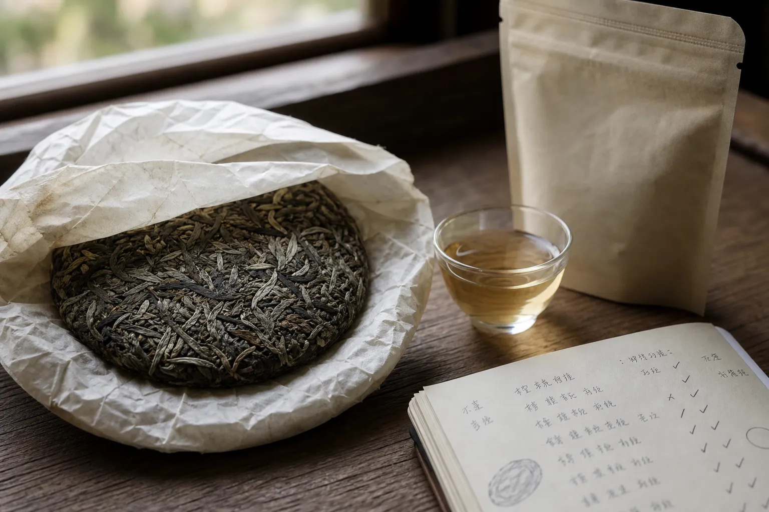 Aged white tea cake, wrapper, dry leaf, liquor, and notes arranged for comparing an age claim