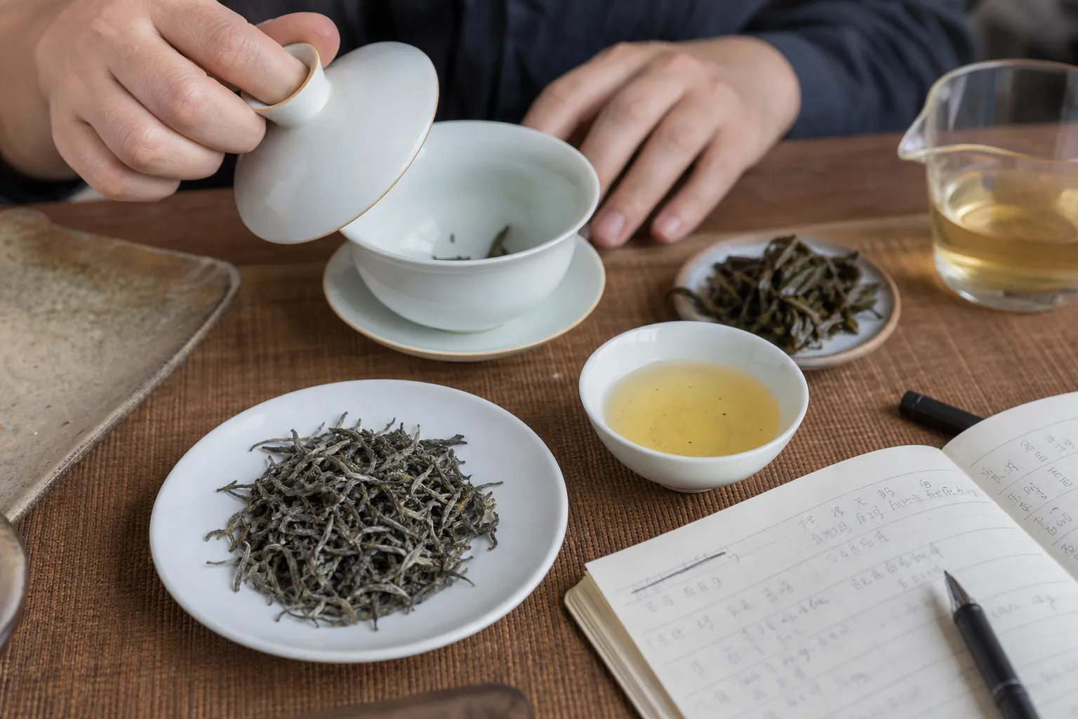White tea sample being checked through dry leaf, warmed aroma, brewed liquor, and wet leaf observations