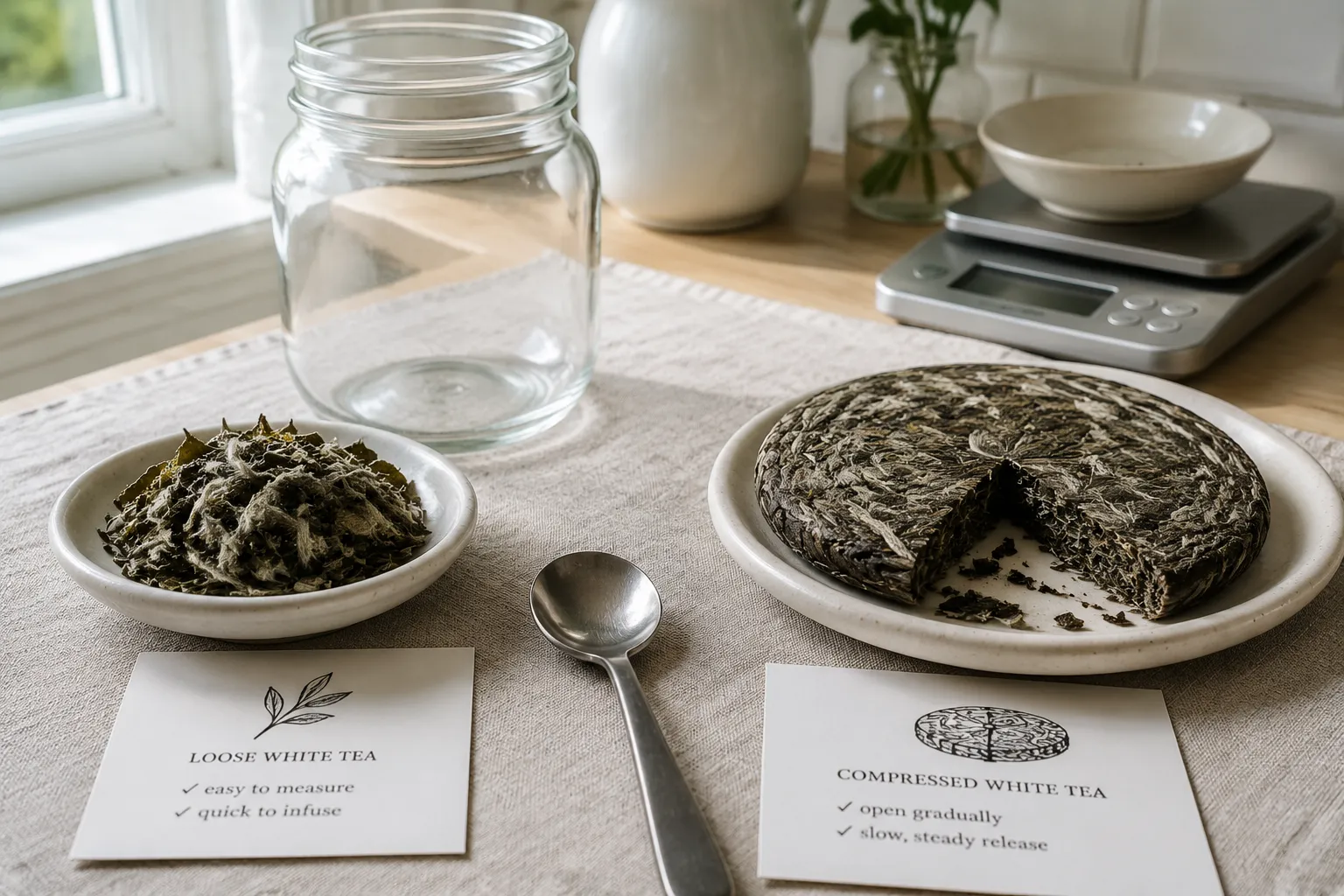 Loose white tea leaves and a clean piece of compressed tea cake prepared for cold brewing comparison