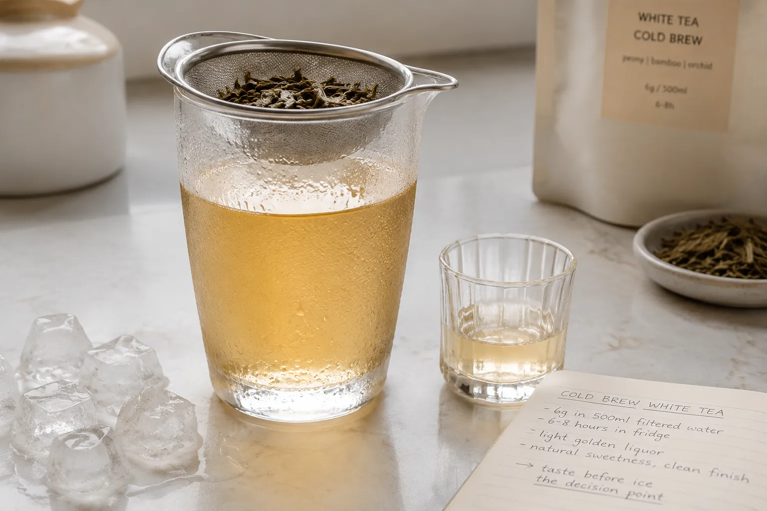 Strained cold brew white tea beside ice to judge whether the batch needs more leaf