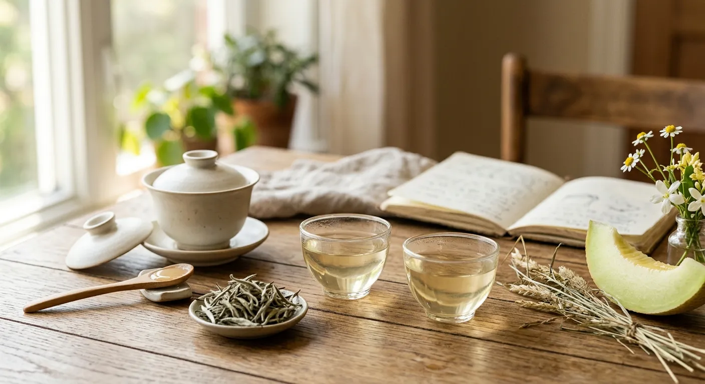 White tea tasting setup showing dry leaves, pale liquor, and cups used to notice floral, hay, honey, melon, and soft grass notes