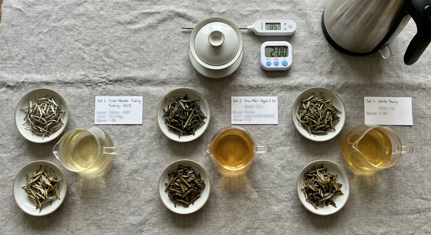 White tea comparison with different leaf shapes, pale to amber liquor colors, and brewed leaves used to check tasting notes against observable variables