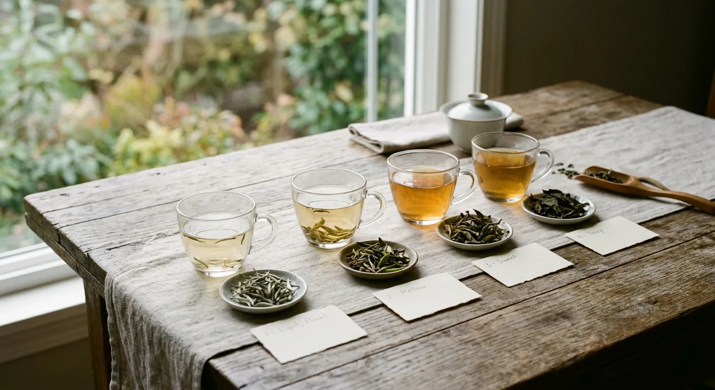 Different white tea infusions with pale and amber liquor, showing why color and strength are not precise caffeine measurements