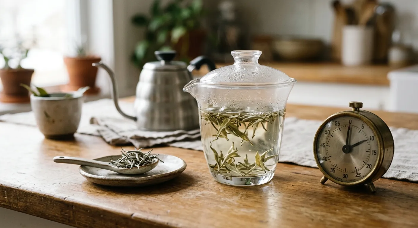 White tea leaves steeping beside a timer, showing that longer time can increase extraction but does not give an exact caffeine number