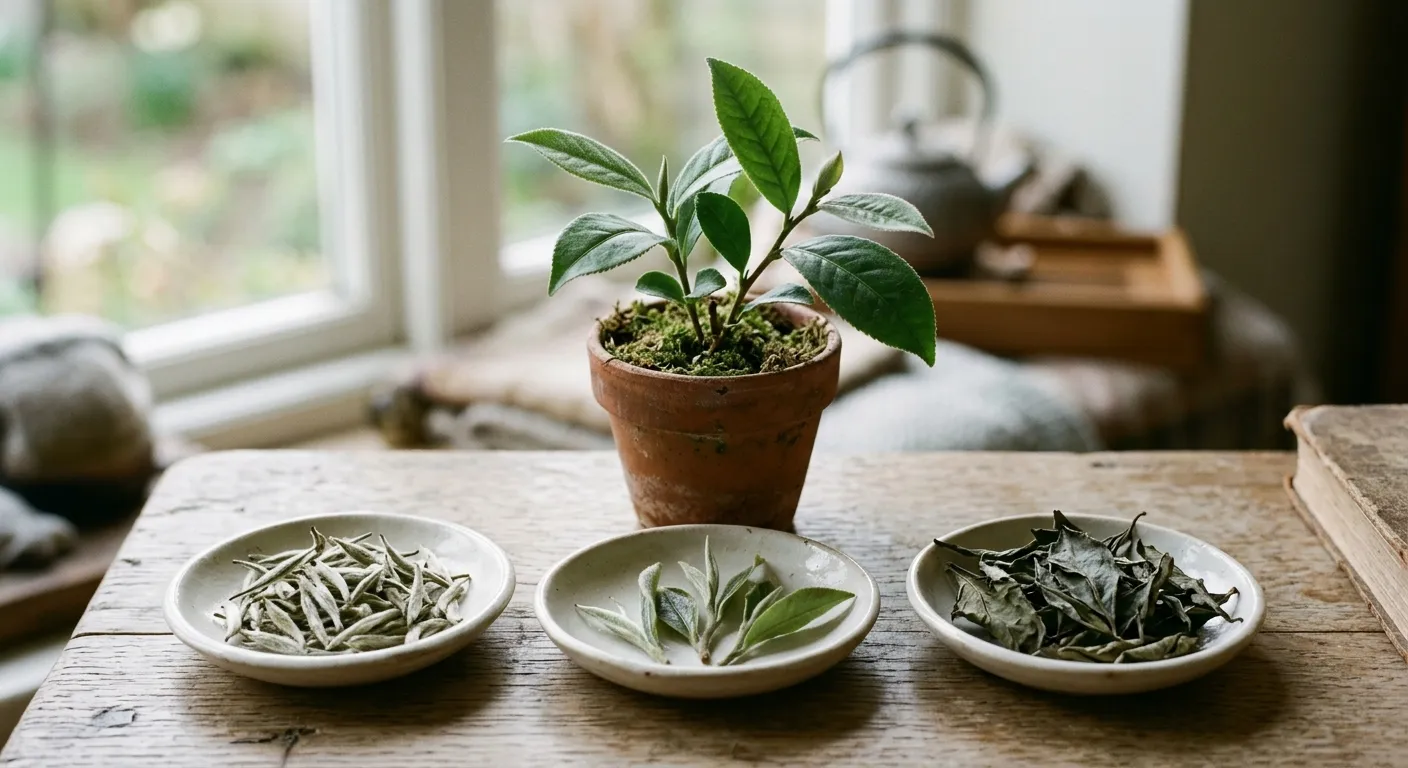 White tea buds and leaves compared as material from the same tea plant species