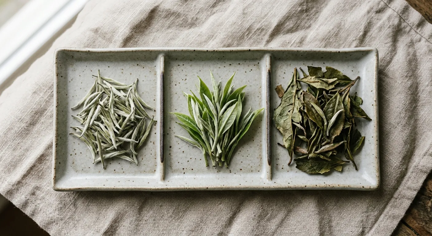 Different white tea plucking materials showing downy buds, bud and leaf sets, and leafier material
