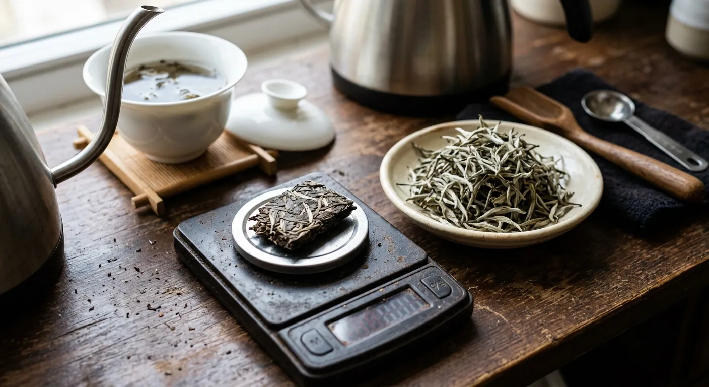 Compressed white tea and loose white tea weighed for brewing to compare visual portion size with actual leaf amount