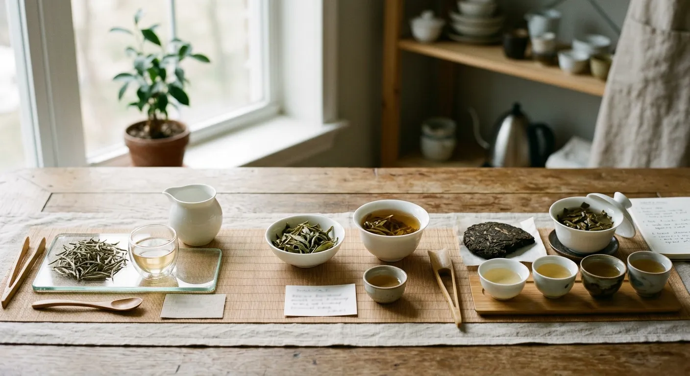 White tea samples brewed in different vessels to show how leaf style and session choices affect caffeine strength