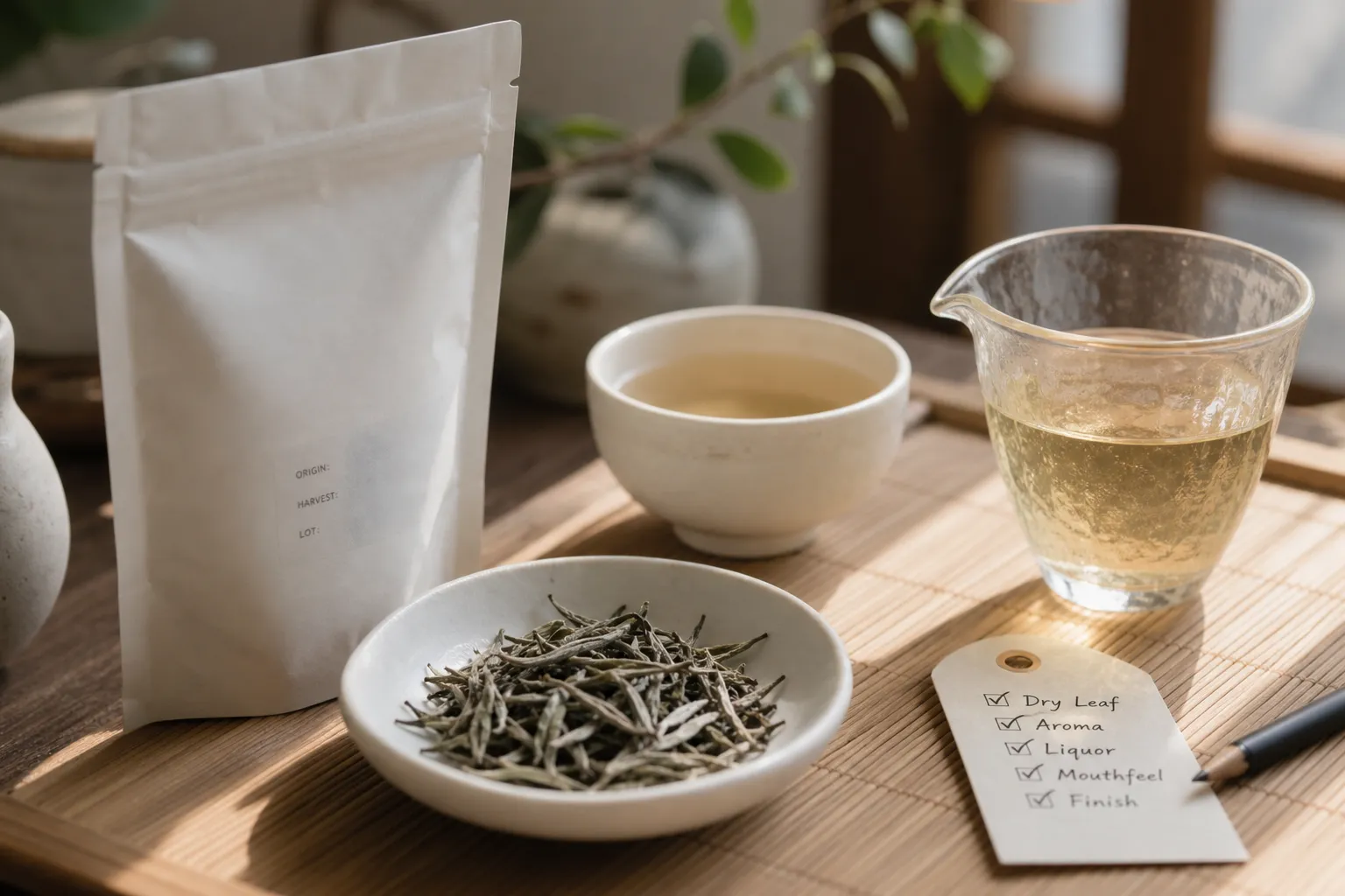 White tea samples being compared by label, dry leaf, aroma, and brewed liquor instead of origin alone