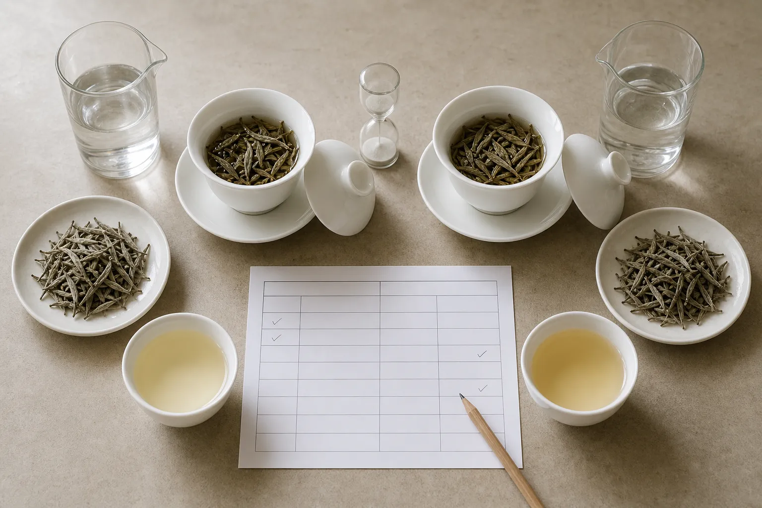 Two white teas tasted side by side with similar brewing conditions to reduce label bias