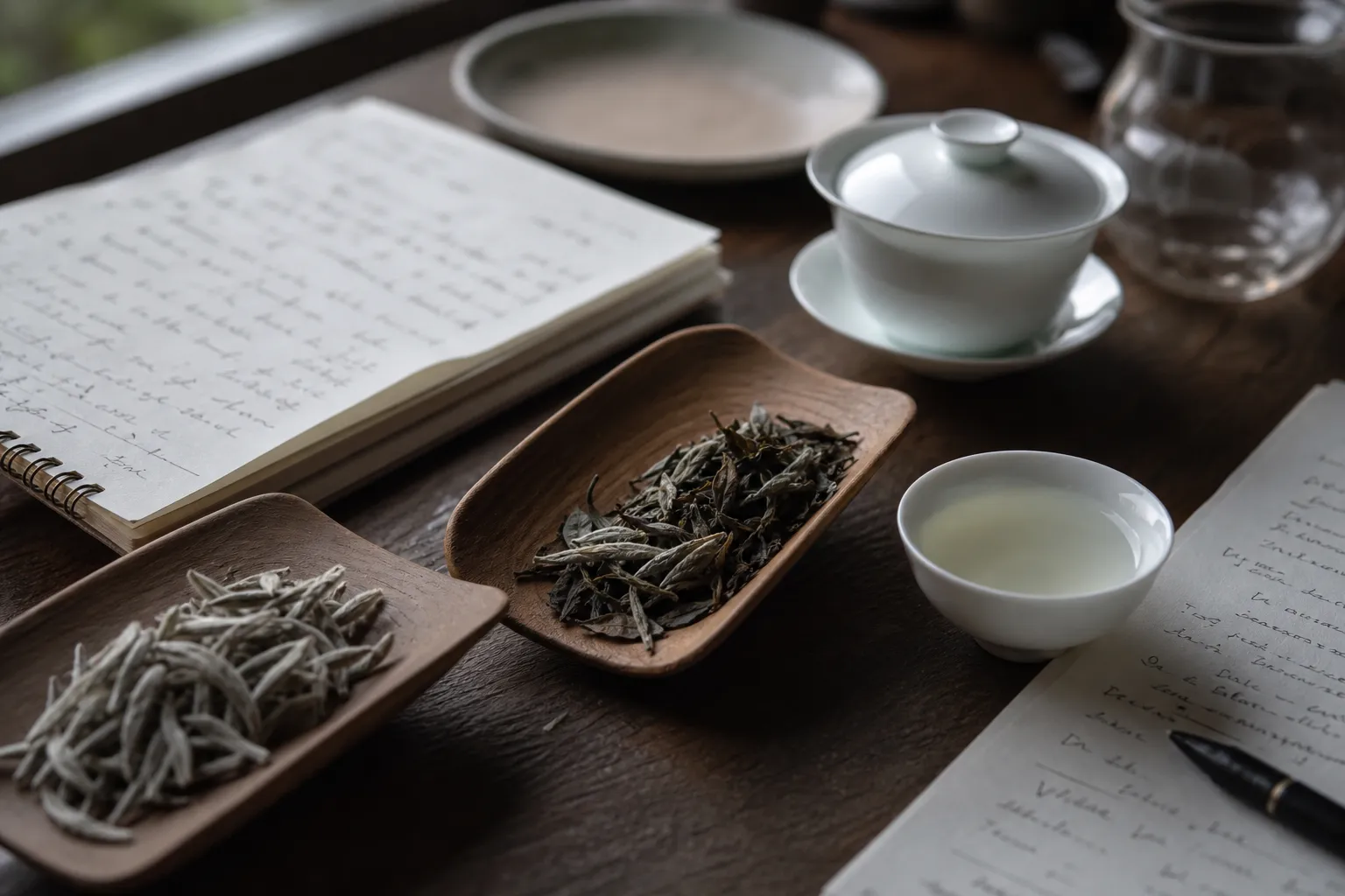 White tea samples beside brewing notes and a tasting cup used to check editorial wording against real tea details