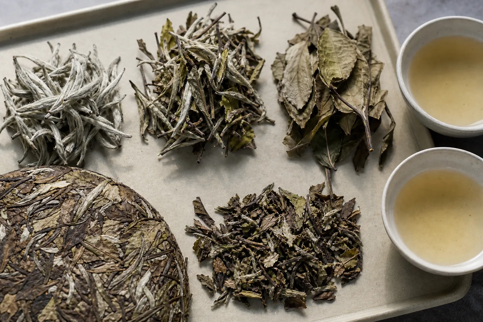 Close comparison of white tea buds, larger leaves, compressed cake surface, and broken pieces used as price evidence