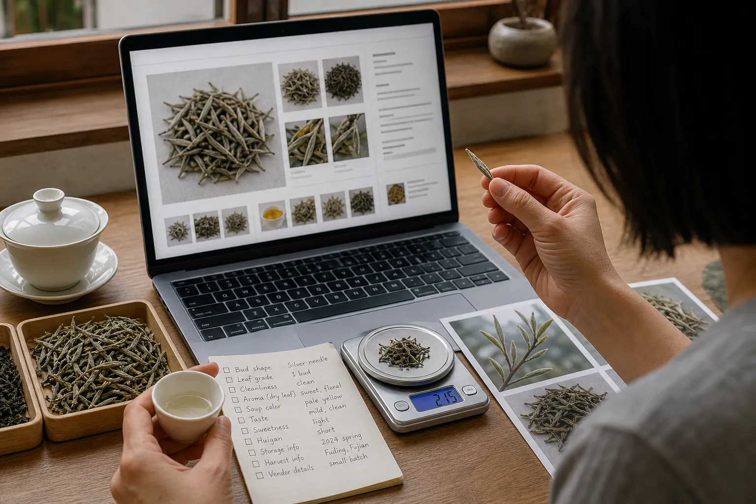 White tea samples beside listing notes, weight, leaf photos, and seller details for judging price online