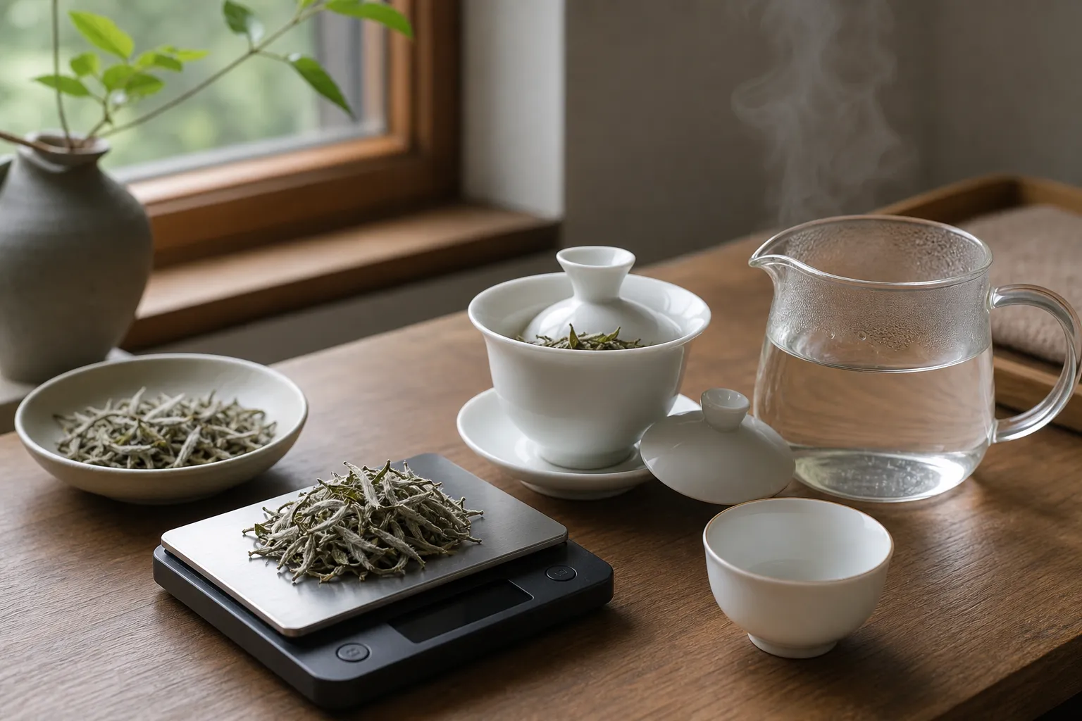 White tea leaves measured beside a smaller vessel and clear brewing water for adjusting a thin cup