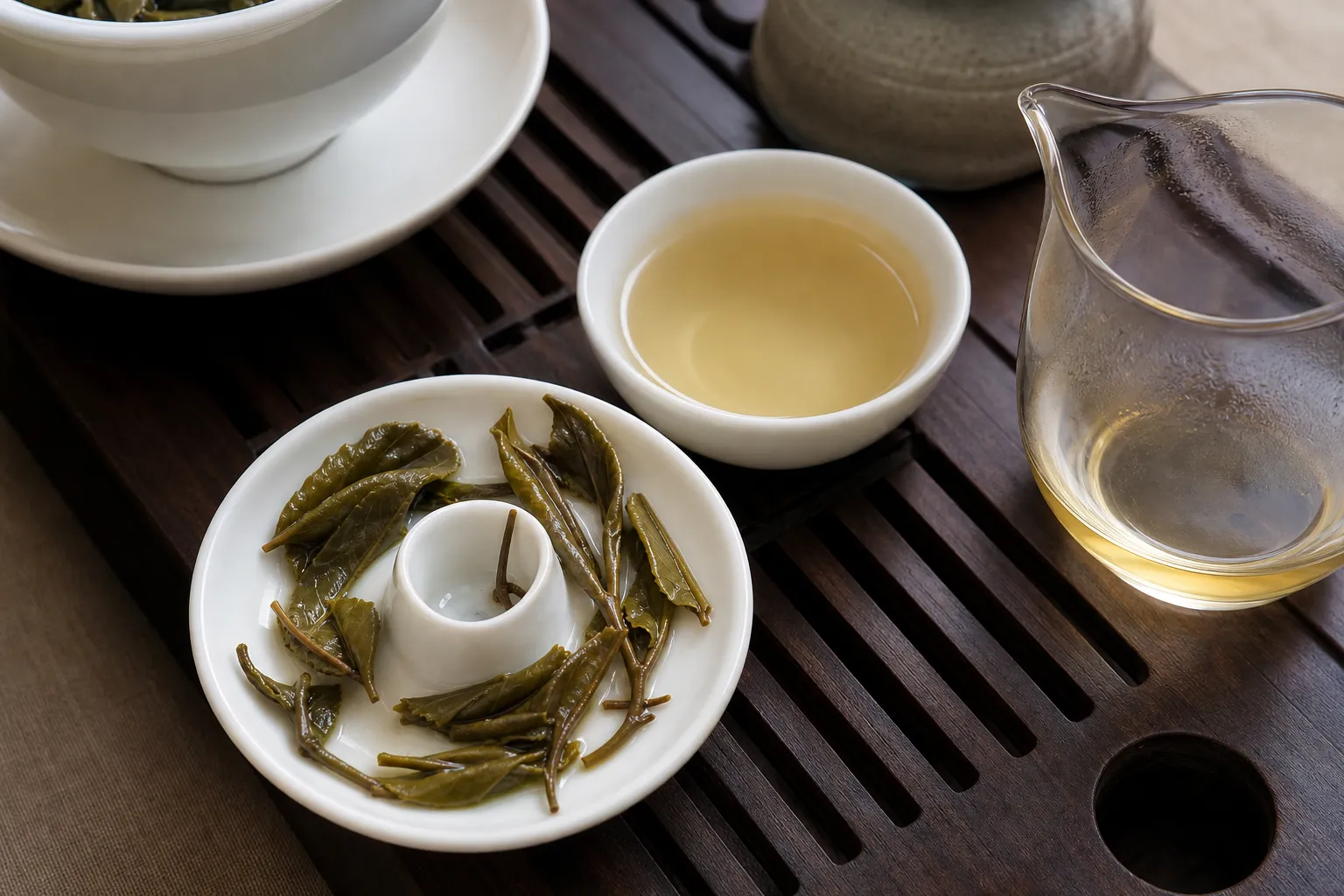 Opened white tea leaves and a second infusion used to judge whether a weak first cup was under-extracted
