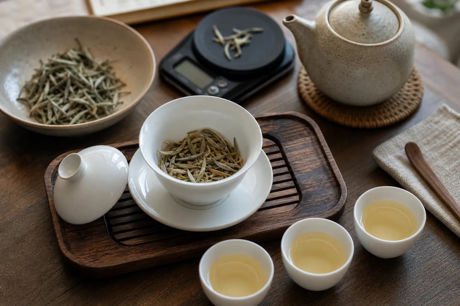 A small gaiwan with white tea leaves and short infusion cups arranged for tasting adjustments