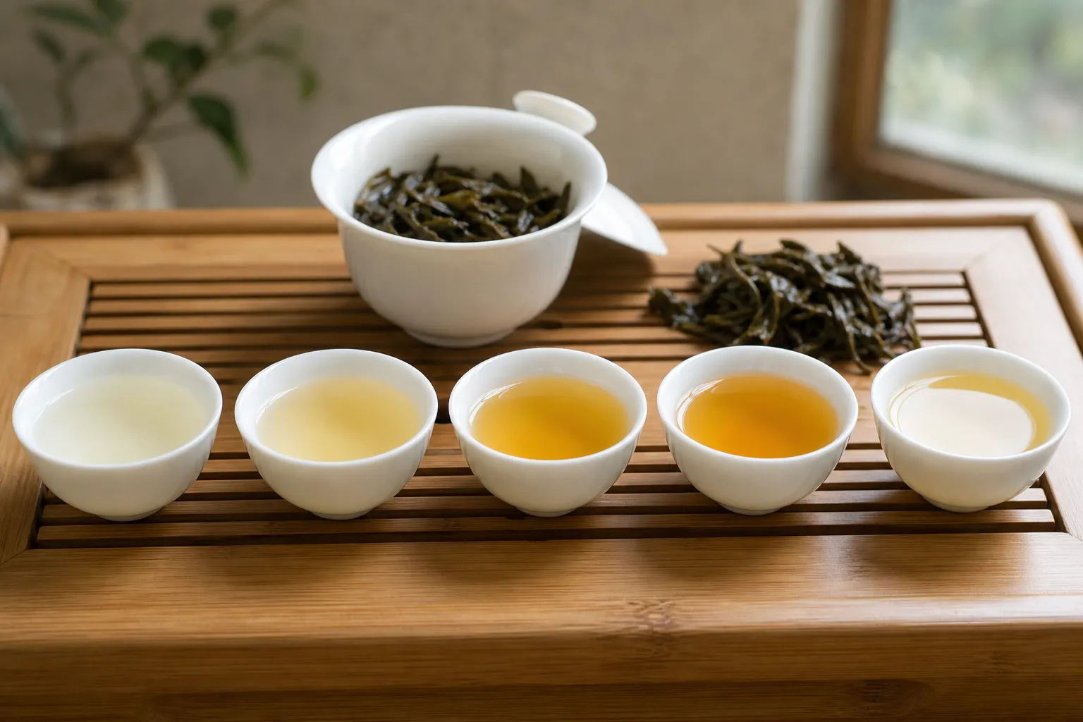 Several small cups of white tea infusions showing changing liquor color across a gongfu session