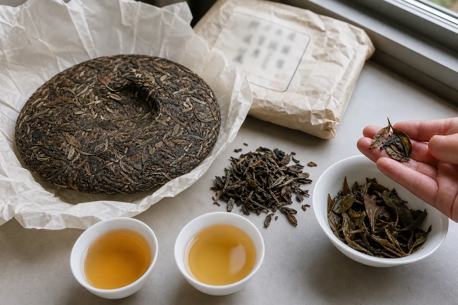 Aged white tea cake, loose leaves, packaging, and cups arranged for checking seller claims