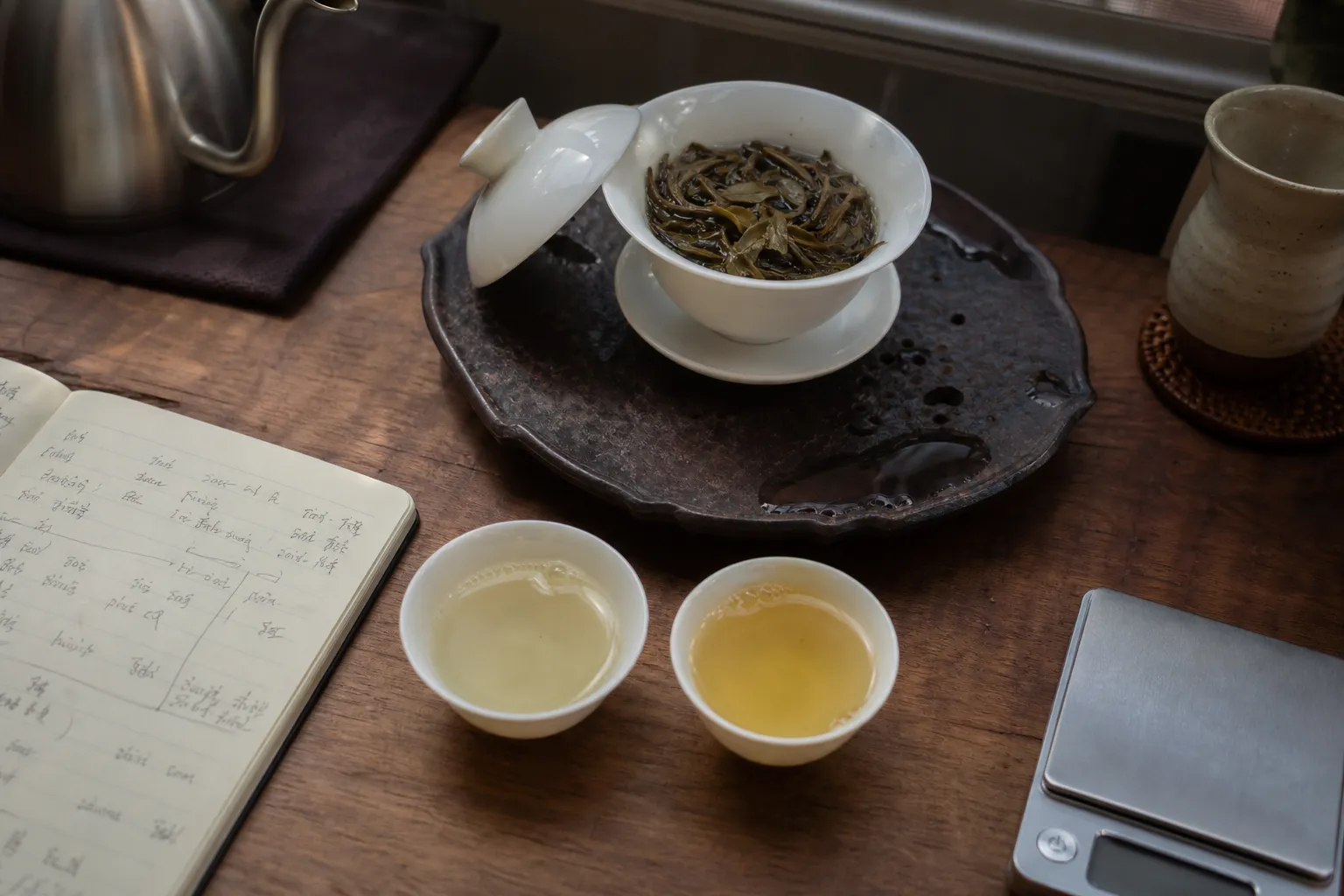 Gaiwan session with white tea leaves, tasting cups, and notes used for cautious comparison