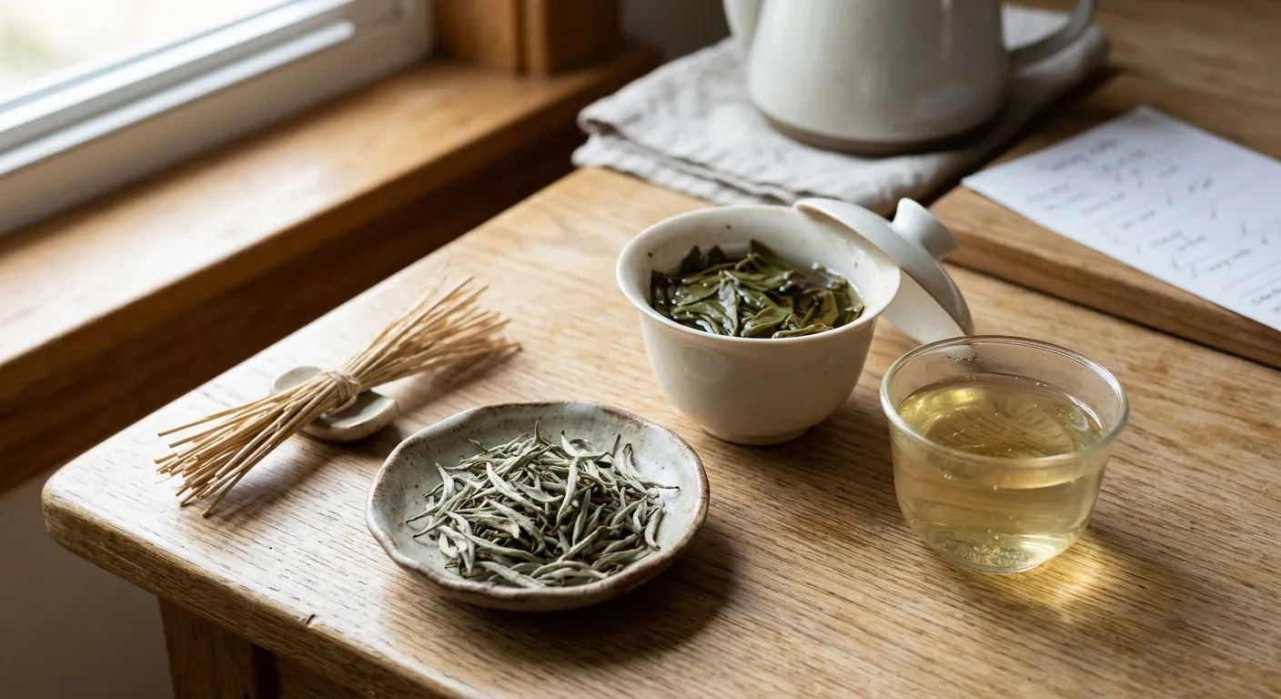 White tea leaves and pale liquor arranged for judging whether a hay note is clean or concerning