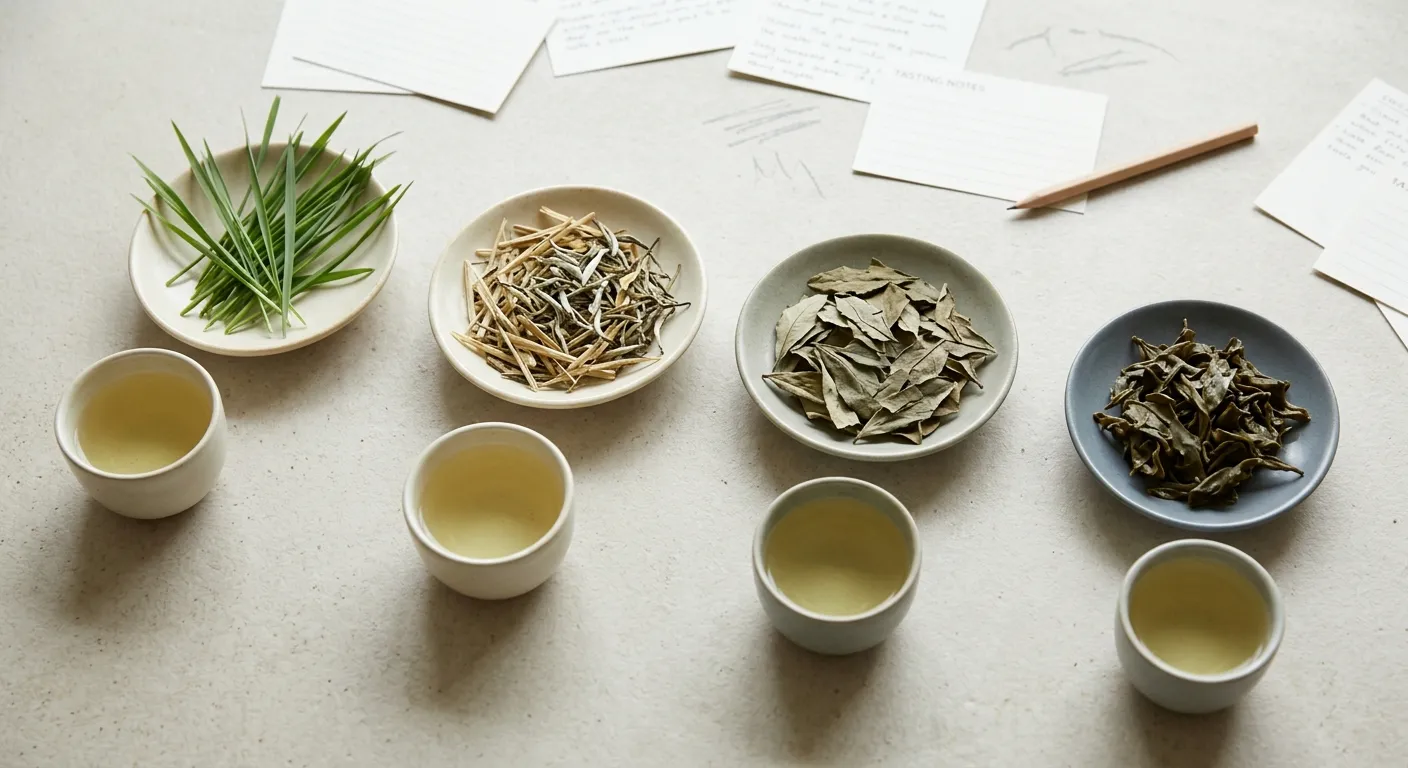 Separate white tea tasting samples used to compare fresh grass, dried hay, stale leaf, and damp aroma cues